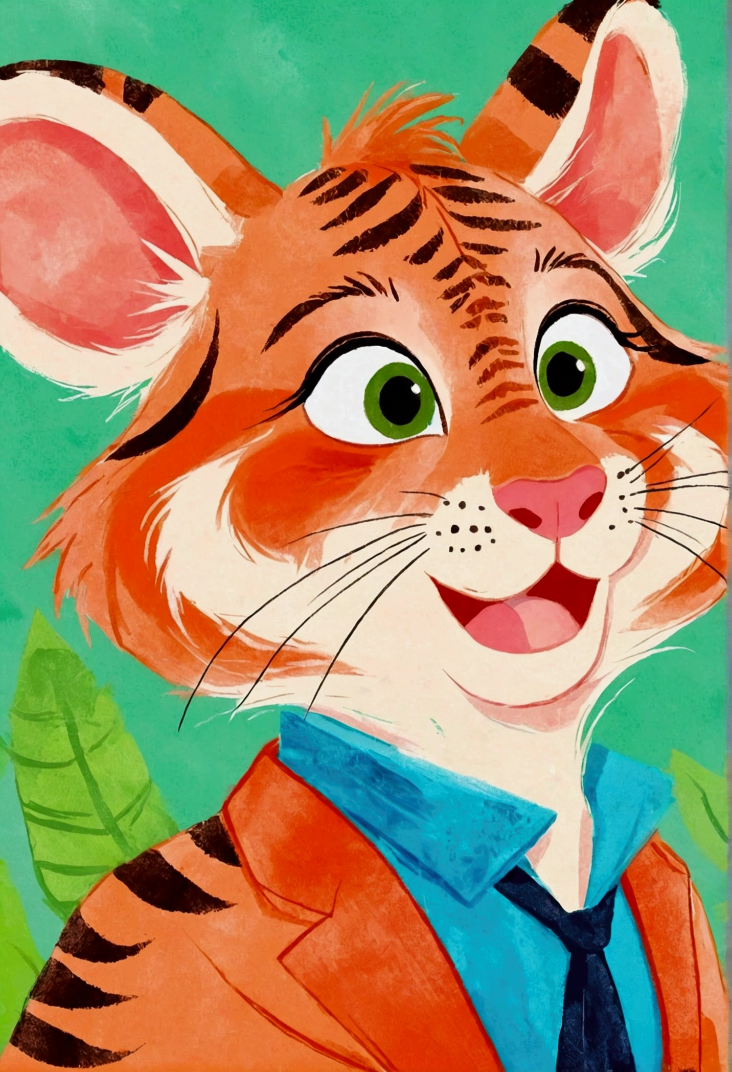 A painting。pastel artwork。Tiger cartoon character, in style of disney zootopia,Vibrant cartoon art, disney zootopia,Hand drawn cartoon art style, 