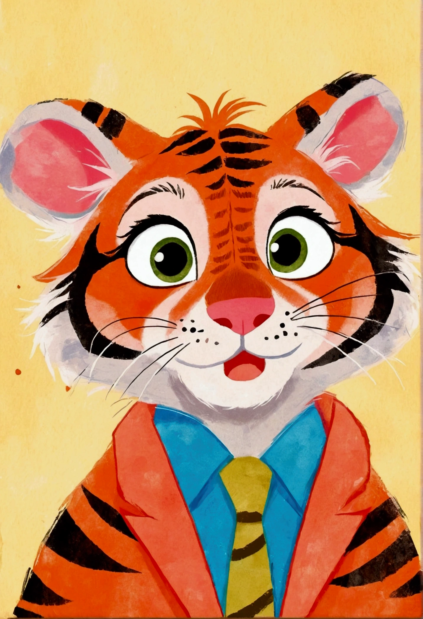 A painting。pastel artwork。Tiger cartoon character, in style of disney zootopia,Vibrant cartoon art, disney zootopia,Hand drawn cartoon art style, 