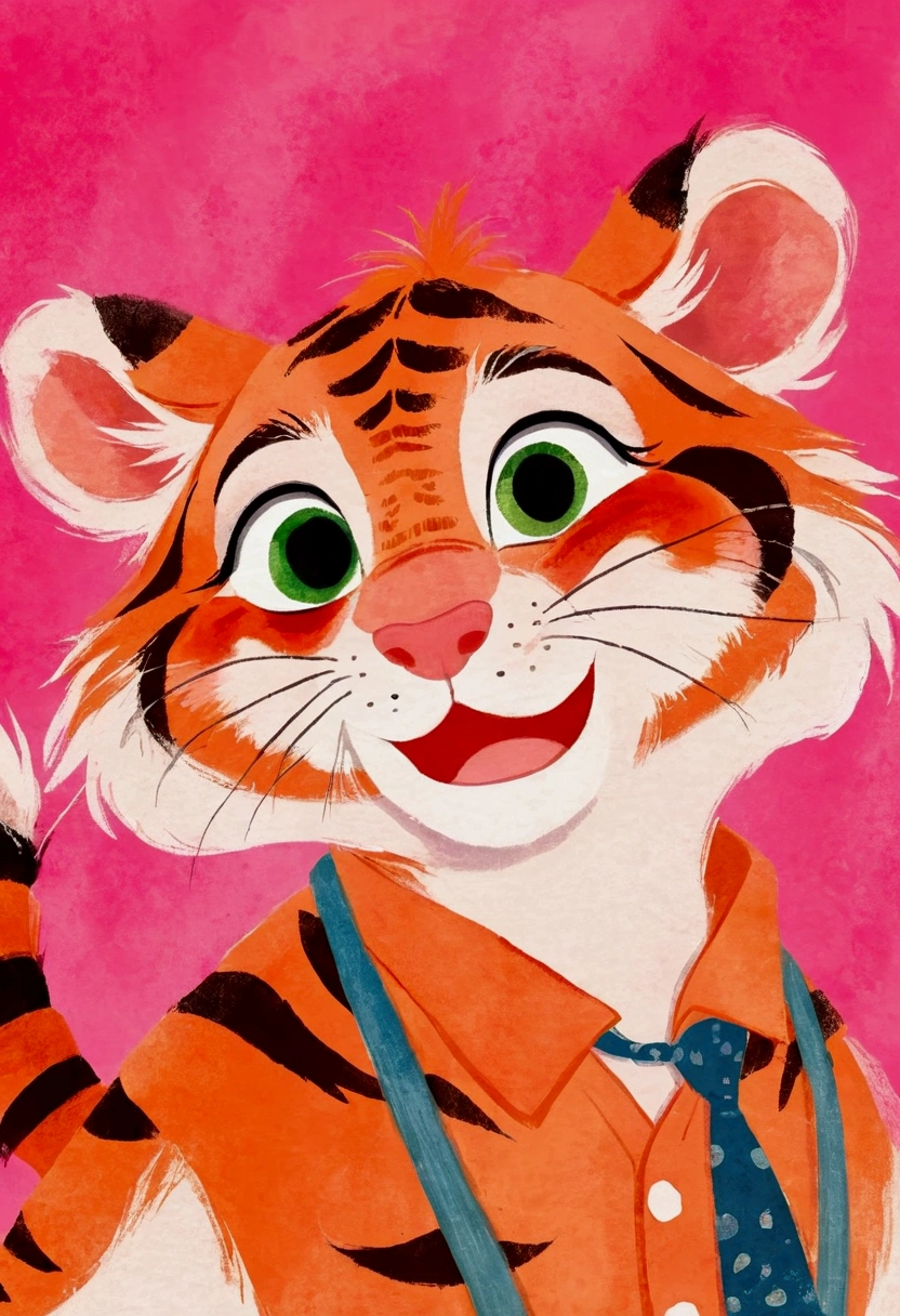 A painting。pastel artwork。Tiger cartoon character, in style of disney zootopia,Vibrant cartoon art, disney zootopia,Hand drawn cartoon art style,