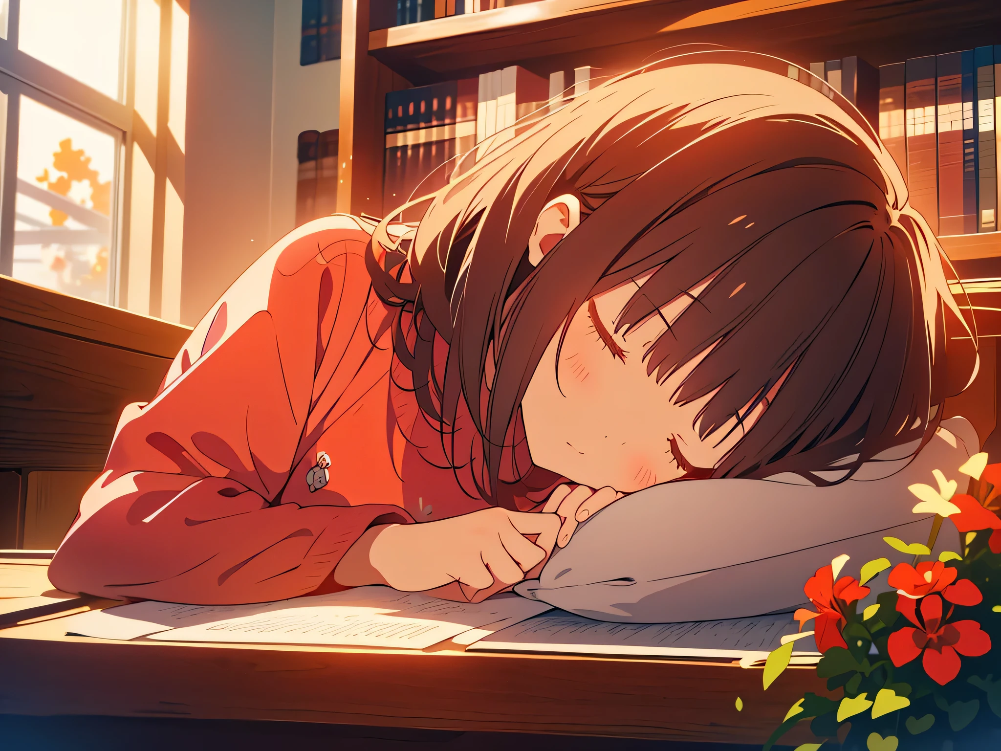 kawaii, anime, Cute, hyper quality, highly detailed, 8k, Clarity, Draw facial expressions in detail, dark brown long hair girl, sleeping with eyes closed, red geranium, peaceful sleeping face, nap in the library, library in the evening, red geranium flower pot, The setting sun shines through, soft air, Calm time, Dust dances and reflects diffusely, sitting, Netherlands, Europe, red geranium,