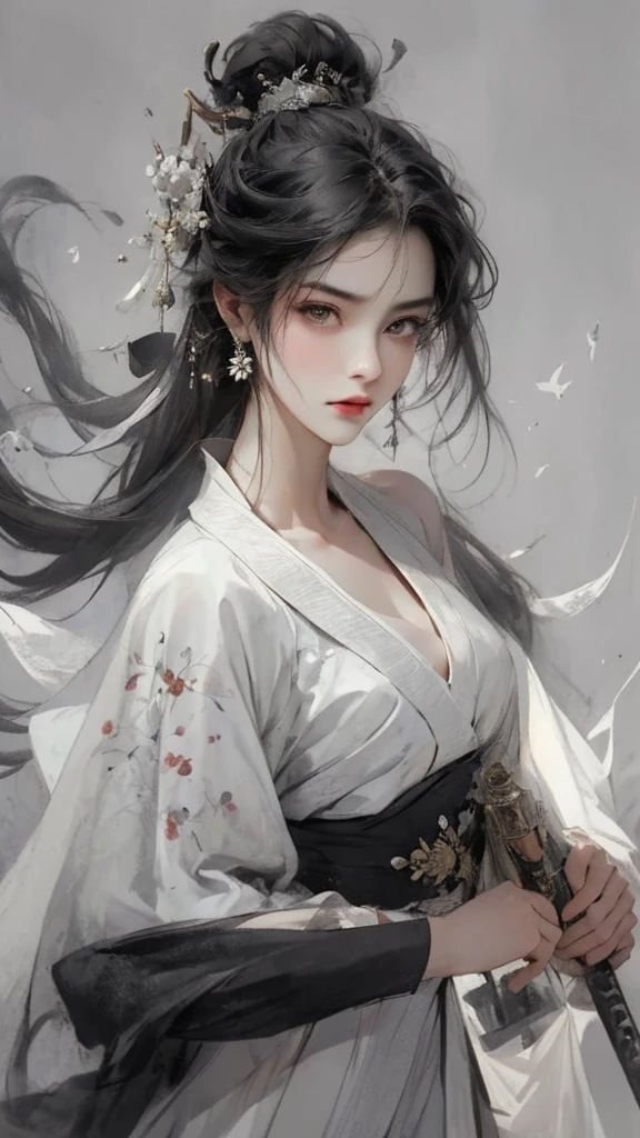 A bust of a woman with black hair and black eyes, a woman, a serious expression, holding a weapon, attack action, dynamic composition, bowed head, Hanfu, white clothes, cold eyes, loose hair, (ink smudge) beautiful character painting, clothing black and white ink style, face delicate color, watercolor, light color, martial arts style, national style, delicate and beautiful face, waist seal, sharp eyes