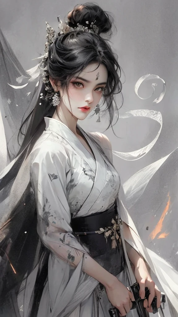 A bust of a woman with black hair and black eyes, a woman, a serious expression, holding a weapon, attack action, dynamic composition, bowed head, Hanfu, white clothes, cold eyes, loose hair, (ink smudge) beautiful character painting, clothing black and white ink style, face delicate color, watercolor, light color, martial arts style, national style, delicate and beautiful face, waist seal, sharp eyes