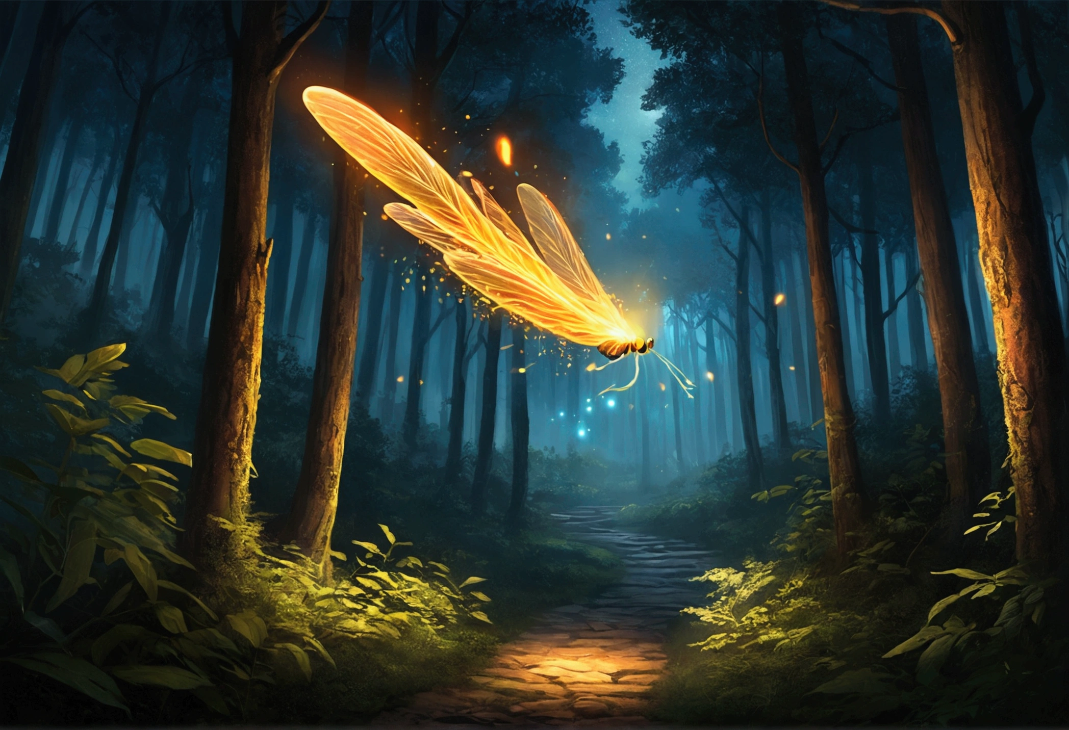fire Fly flying in the night sky above a forest path, Concept Art：Yang J, tumbler, Conceptual Art, fire Fly and sparkling wisps, magical forest with fire Fly, glowing fire Fly, fire Fly!!!!, 夜のfire Flyの森, fire Fly!!, cozy night fire Fly, fire Fly around, fire Fly glowing, fire Fly flying in the forest