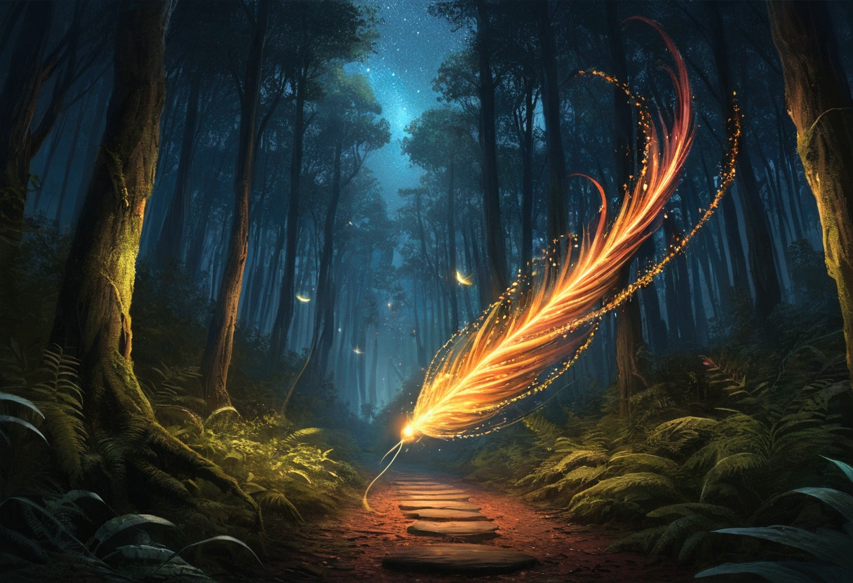 fire Fly flying in the night sky above a forest path, Concept Art：Yang J, tumbler, Conceptual Art, fire Fly and sparkling wisps, magical forest with fire Fly, glowing fire Fly, fire Fly!!!!, 夜のfire Flyの森, fire Fly!!, cozy night fire Fly, fire Fly around, fire Fly glowing, fire Fly flying in the forest