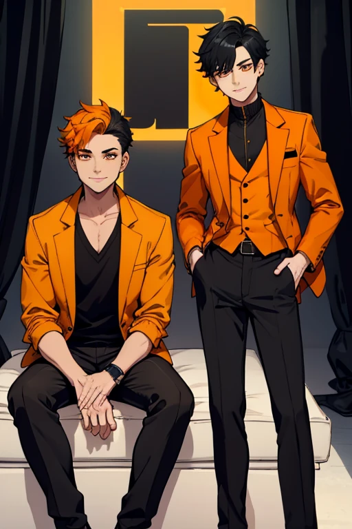 male, black short hair with yellow trim, orange eyes, (((1boy))), (((orange blazer jacket))), (black shirt), (black pants), (black shoes), young, long legs, smiling