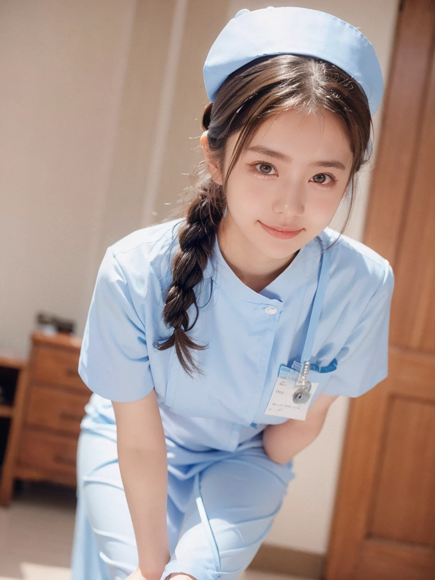 1 girl,(Wearing white nurse clothes:1.2),(RAW Photos, Highest quality), (Realistic, photo-Realistic:1.4), masterpiece, Very delicate and beautiful, Very detailed, 2k wallpaper, wonderful, finely, Very detailed CG unity 8k wallpaper, Very detailedな, High resolution, Soft Light, Beautiful detailed girl, Very detailed eyes and face, Beautiful and detailed nose, finely beautiful eyes, nurse, Perfect Anatomy, Black Hair, Upstyle, nurse uniform, ((nurse cap)), Long skirt, nurse, White costume, thin, hospital, clear, White Uniform, hospital room, Neck auscultation ,Close-up