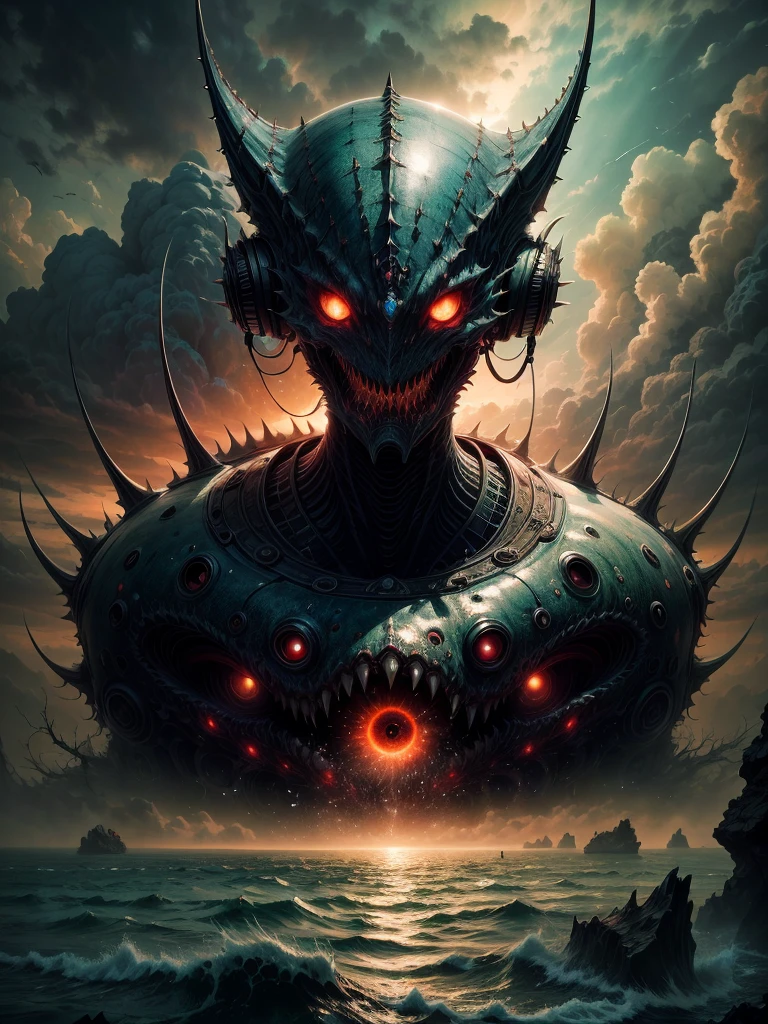 (best quality,Cao Cao,ultra detali),Portrait of alien creature,fish type,Big size,beach landscape,sea of alien green water,five shining eyes,spiky teeth,colorful scabrous scales,red skies,portraite,horor,conceptual artists,vivid colors,sharp focus,studio lighting