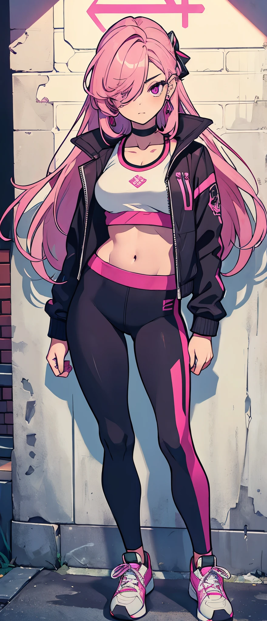 (masterpiece, best quality, 1girl, solo, intricate details, chromatic aberration), realistic, ((medium breath)),long hair, pink hair, red head ornament, pink highlights, hair over one eye,purple eyes, earrings, sharp eyes, choker, neon shirt, open jacket, crop top, (symmetry eyes),(perfect symmetrical body),against wall, brick wall, graffiti, dim lighting, alley ,look at viewer, woman at a gym, cute, front Pose, fitness girl, standing, erect Pose, symetrical, fitness model, skinny, Red sneakers, best qualityer, relaxed arms, hands down, ankle, fullbody view, stand straight with your back upright. Keep your shoulders back and maintain a straight line from your head to your feet, symmetrical frontal view, face aligned,