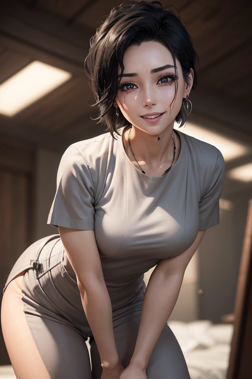 absurdrez, ultra details, high qualiy, Artwork, gorgeous eyes(detailedeyes), short messy black hair, fully body, facial expression laughing, super lashes, fully body, standing, tatoo, scar on the face, nurse outfit, hoop earings, eyes locked,