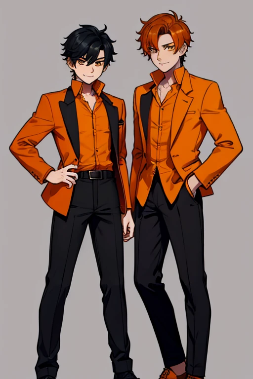 male, black short hair with yellow trim, orange eyes, (((1boy))), (((orange blazer jacket))), (black shirt), (black pants), (black shoes), young, long legs, smiling