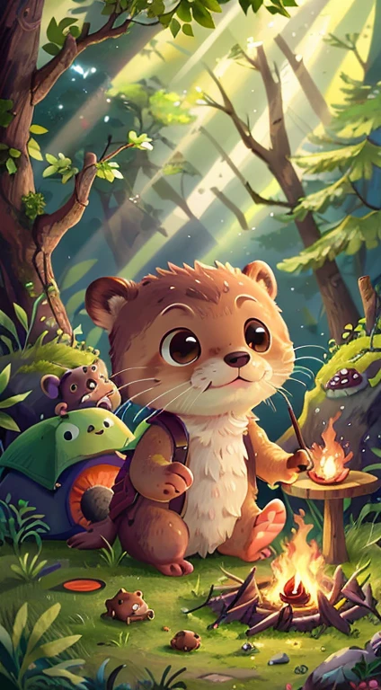 Small and cute otter,Camping in the forest,tent,bonfire,Happy, Perfect quality, Clear focus, (masterpiece: 1.2) (Realistic: 1.2) (Highest quality) (Detailed skin: 1.3) (Intricate details) (8k) (Detail Eyes) (Sharp focus), (Happy) whole body, Clean background,