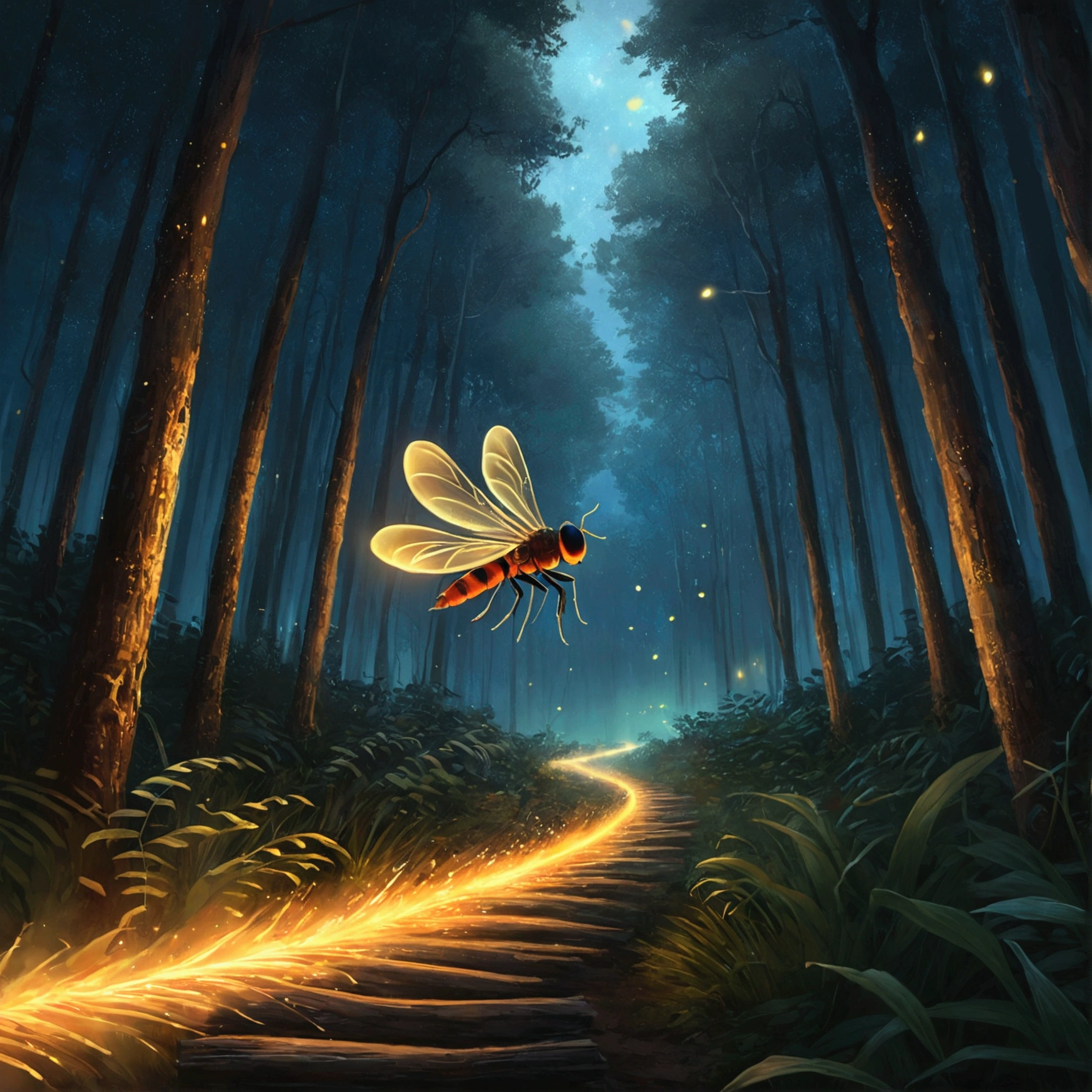 fire Fly flying in the night sky above a forest path, Concept Art：Yang J, tumbler, Conceptual Art, fire Fly and sparkling wisps, magical forest with fire Fly, glowing fire Fly, fire Fly!!!!, 夜のfire Flyの森, fire Fly!!, cozy night fire Fly, fire Fly around, fire Fly glowing, fire Fly flying in the forest