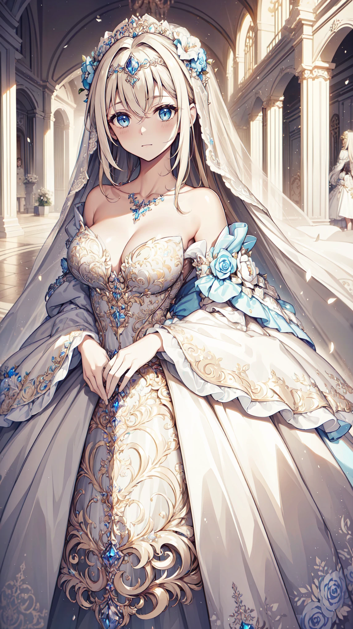 (masterpiece, best quality, beautiful and aesthetic:1.3), Looking at the audience, 1 Girl, Solitary, A faint smile, (cosmetic, Long hair, Light Beige Hair, blue eyes:1.2), Octane Rendering, Wedding Veil, Lace-trimmed dress, transparent, Wedding dress, outdoor, White Rose, garden, morning, permanent, Extremely detailed, 