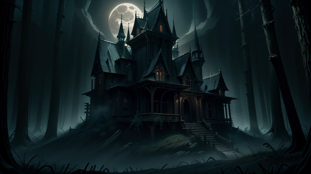 a beautiful haunting moonlit halloween night forest landscape, a dark mysterious castle in the background, a winding moonlit forest path, eerie moonlight, horror, spooky, (best quality,4k,8k,highres,masterpiece:1.2),ultra-detailed,(realistic,photorealistic,photo-realistic:1.37),cinematic lighting,dramatic shadows,moody atmosphere,dramatic lighting,vibrant colors,dark and moody,gothic,fantasy