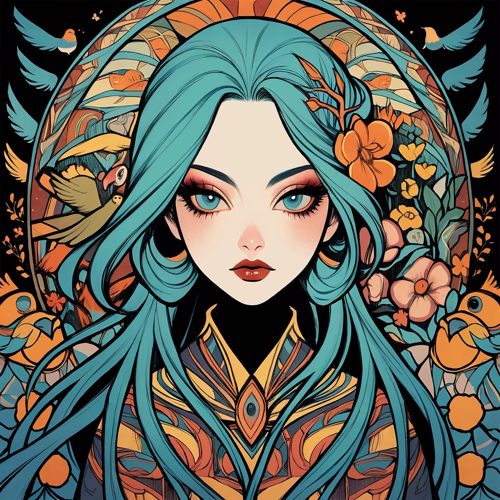 Painting of a woman with birds and flowers in her hair, inspired by Marco Mazzoni, James Jean and Urop, anna dittman, Beautiful artwork illustration, Karol Baak and Peter Mohrbacher, james jean and peter mohrbacher, anna dittmann alberto vargas, Exquisite digital illustrations, Tom Bagshaw and Sabbath Aptera