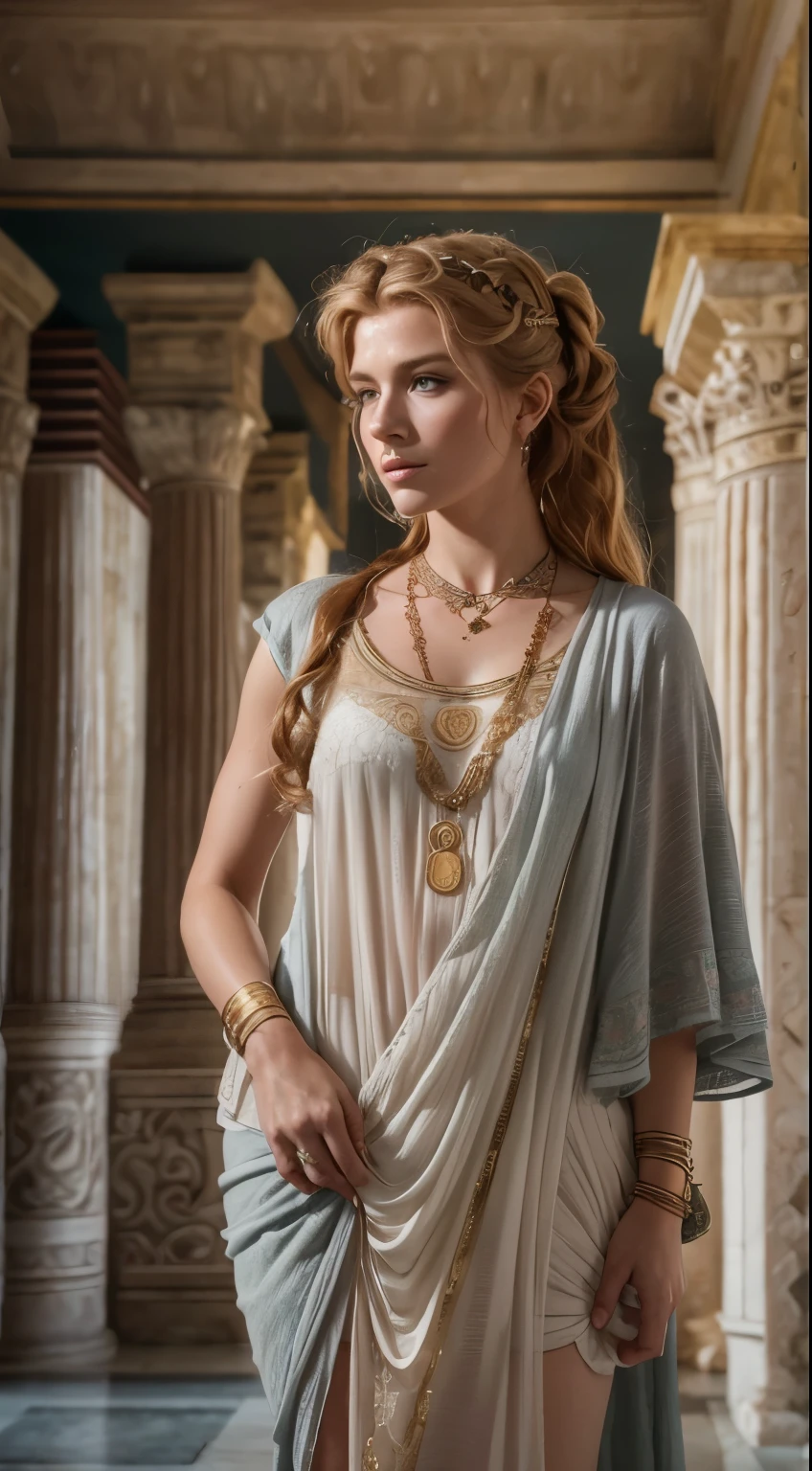 Roman empress Livia, wife of roman emperor Augustus, in the reconstruction of an ancient roman imperial villa in Rome, strawberry blonde hair, (ancient roman hairstyle:1.6), beautiful 20 years old women, full body shot, sunny day, (wearing an ancient roman imperial tunic:1.5), (wearing a full set of ancient roman jewelry:1.4), slender body, masterpiece, best quality, high resolution:1.4), 1girl, purity, skin pores texture, HD , Photography, movie, cinematic, Realistic, (8k, RAW photo, best quality, masterpiece:1.2), (realistic, photo-realistic:1.33), best quality, detailed eyes light grey-blue, beautiful, , natural lighting, depth of field, film grain, wrinkled skin, pale skin, sharp, detailed and realistic full body shot, (freckles:0.5), staring at camera, noble look, chapped lips, soft natural lighting, full body photography, magical photography, dramatic lighting, photo realism, ultra-detailed, intimate full body shot composition, Leica 50mm, detailed reconstruction of an ancient roman imperial villa in Rome in the background, reconstructed ancient roman imperial villa with ancient roman furniture, reproduced ancient roman imperial villa with ancient roman furniture