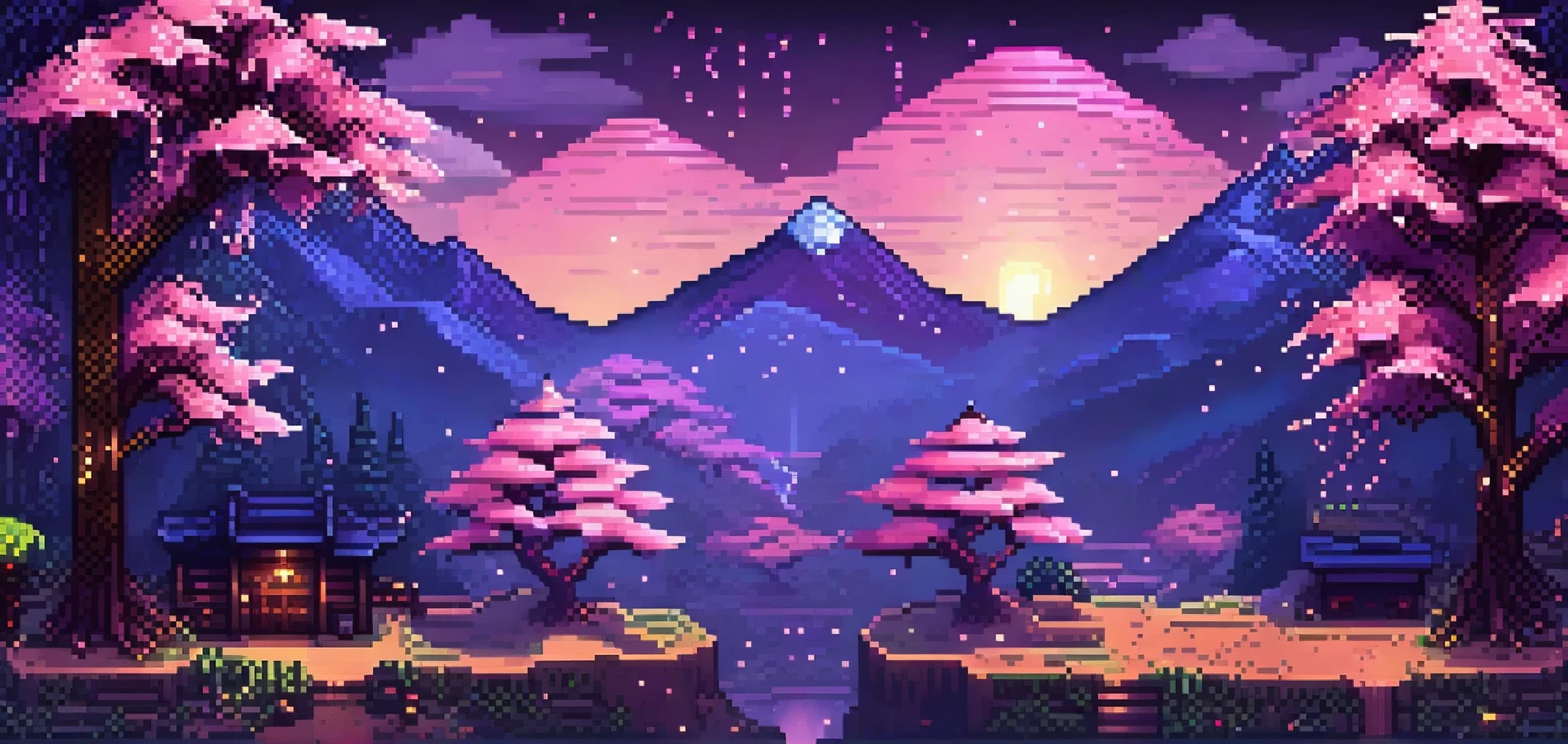 mountains, big pink trees, cherry trees, sakura, forest, evening, twilight, sunset, fireflies flying in the air, epic, mystical, pixel style like minecraft and stardew valley