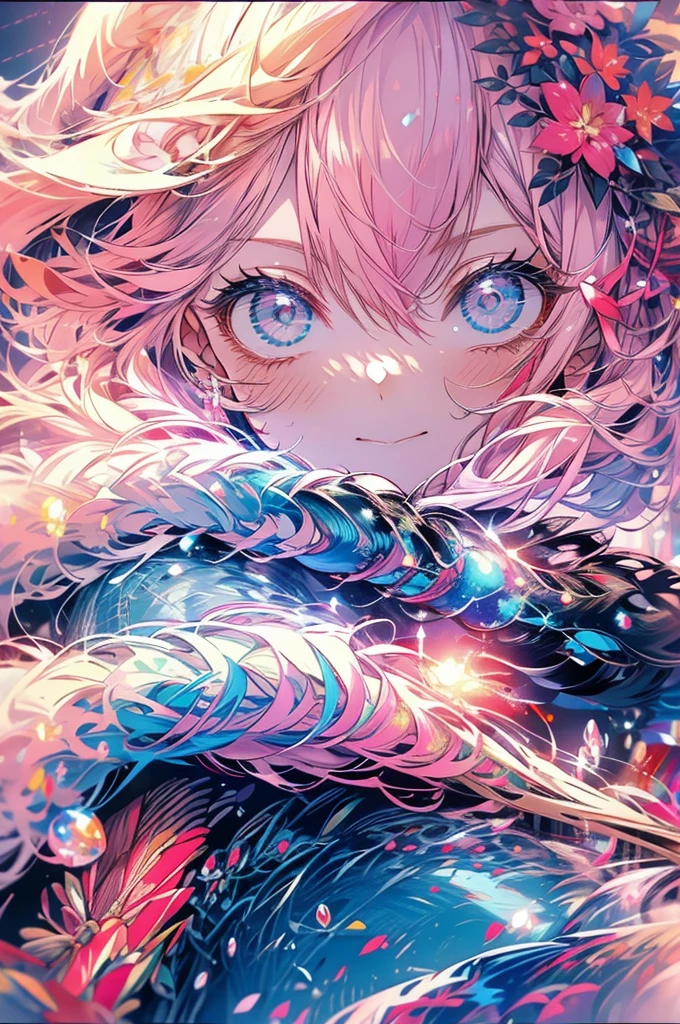 A vision flow of a beautiful woman walking down a street, her pink t-shirt and faded blue jeans illuminated by the sun, a red car passing in the background, and a world of shimmering light.  