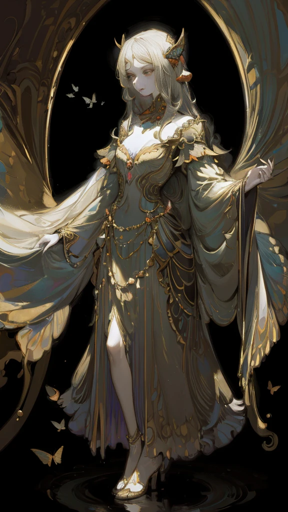 (1 Anthropomorphism of butterflies), (Standing full body), (Full body standing), 1 Princess,(Standing full body),Solitary, Long skirt,role conception, peculiar, masterpiece,Top quantity,Best quality,Ultra-high resolution,Exquisite facial features