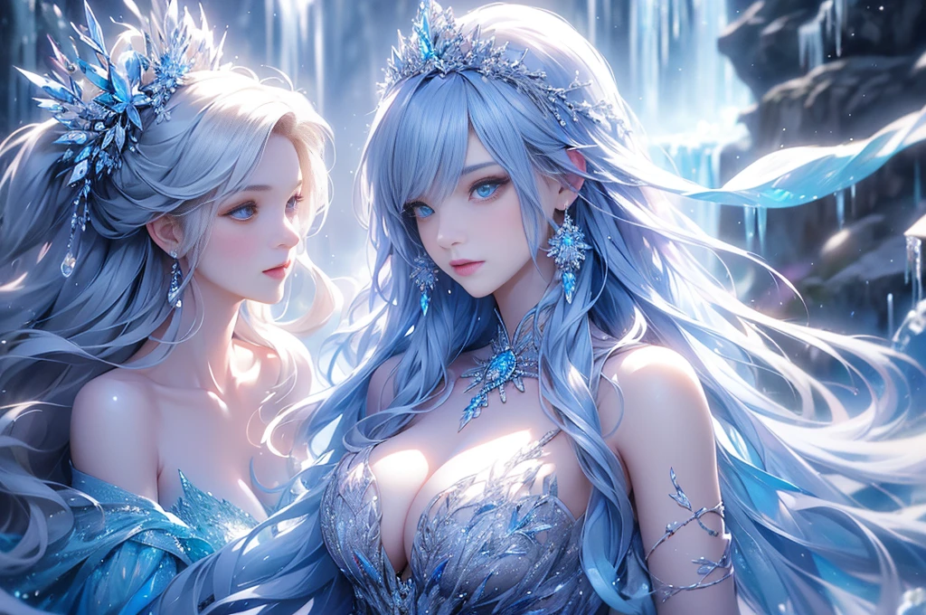 ((long shot)).wood, Exquisite mini ice spikes and crystals, Frozen waterfall in the background, Light reflected by ice crystals, Flowing snowflakes.1 girl, Beautiful woman、pretty girl,A realistic person,Beautiful cleavage,Dramatic composition