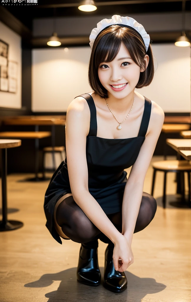 (1955年にヒルバレーに到着したスカイブルーのMaid clothesを着た知的な女性, Squatting at Loose Cafe, Friendly body language, A kind smile, Positive atmosphere, Full Body Shot, Bokeh Background, Wear high heels, Cross Necklace, Short Bob Hair, Ultra-realistic pantyhose, Crouching pose, family-friendly masterpiece, (Highest quality,4K,8k,High resolution,masterpiece:1.2),Very detailed,(Realistic,photoRealistic,photo-Realistic:1.37),Detailed facial features,Beautiful attention to detail,Beautiful lip detail,Very detailed顔,Long eyelashes,Maid clothes,Maid café interior,Studio Lighting,Vibrant colors,Warm lighting) #Ticker #Calvin Klein #Delorean #Time Machine