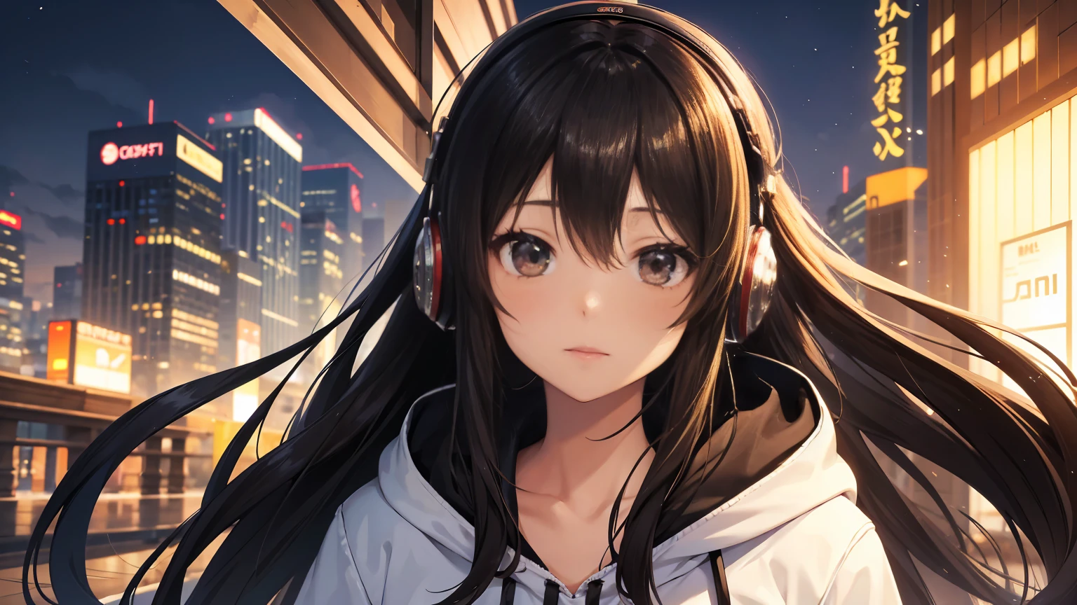 A woman with long hair that's a mix of black and brown, wearing a hoodie
She's wearing headphones labeled "Lo-Fi"
A close-up of the woman's face, facing directly sideways and gazing into the distance
The background depicts the scenery of Tsutenkaku Tower in Osaka
Detailed rendering of individual hair strands, eye reflections, and fabric creases
Pay special attention to lighting and shadows