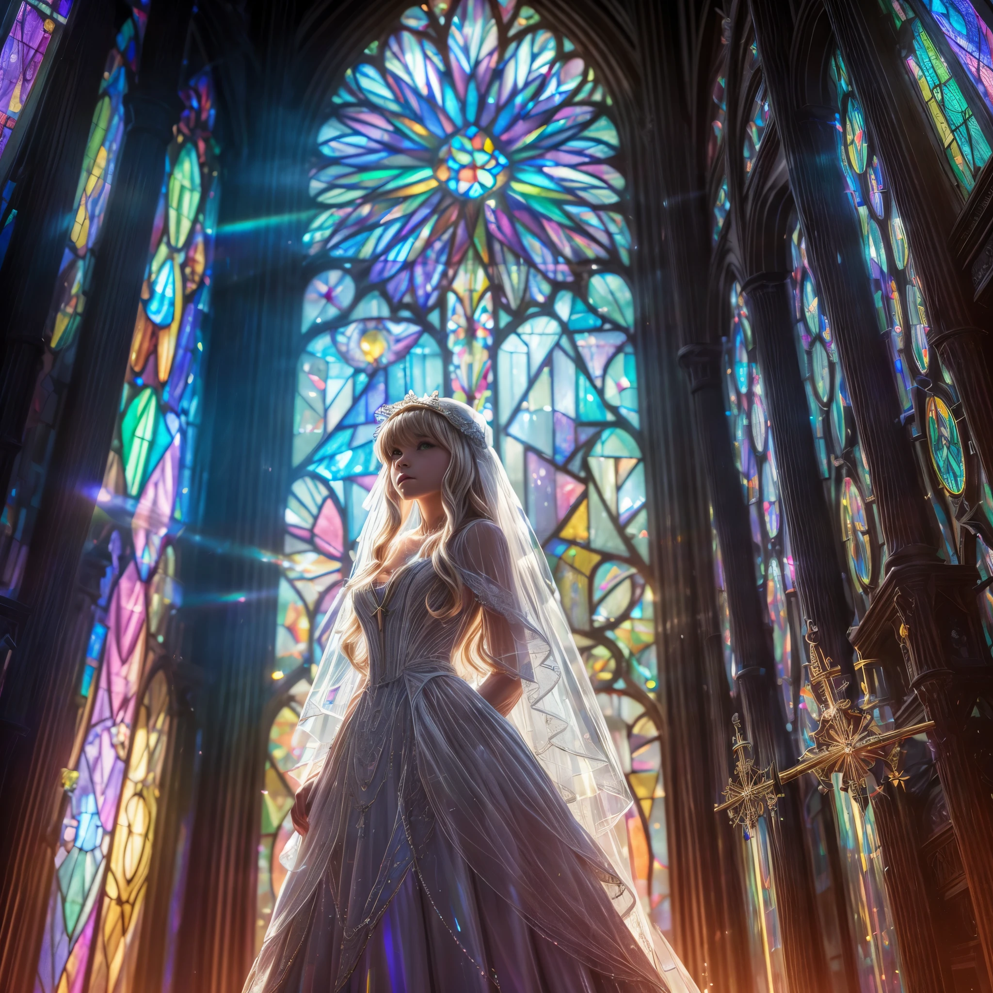 (Cathedral from below:1.28) (ZoomLayer) TopQuality 8K masterpiece of ((Professional photo)), (((Clarisse de Cagliostro))) (Detailed White WeddingDresses), Chain, (((Extremely detailed KAWAII face))) {((VeiledFace))|BlondeHair|(Elaborate BuleEyes)with(SparklingHighlights:1.28)}, The background is distant (((Elaborate stained glass))) Rainbow Glass, {(MysticSight)|EnchantingAtmosphere|Haze|(GodRays)|TyndallEffect}, Radiant PearlSkin with Transparency, (Exposed:0.39)