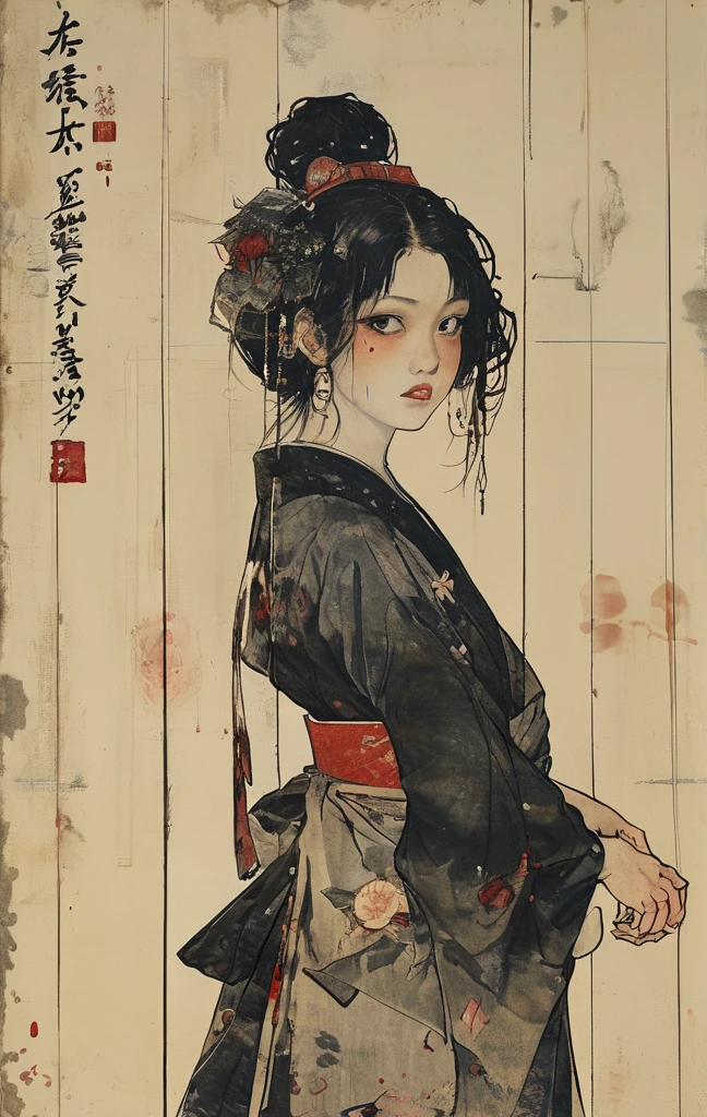 Japanese line drawing    , A samurai( Tied to a wooden steak、There are many arrows stuck in it,:1.2) The skeletal structure of the lower body cannot be seen , Torn rag, Rope and bloody ground, Black sky and big moon , Floral Damask Background ,  Takato Yamamoto style    , a female character with bloodied teeth with words over her face and in the background, 1girl, 独奏, jewelry, black hair, tongue out, tongue, piercinga woman with blood dripping down her face and hair standing on a red background, 1girl, 独奏, jewelry, black hair, tongue out, tongue, piercingan image of black and red art depicting an anime looking woman in a black top, 1girl, 独奏, jewelry, black hair, tongue out, tongue, piercing