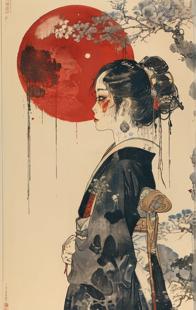Japanese line drawing    , A samurai( Tied to a wooden steak、There are many arrows stuck in it,:1.2) The skeletal structure of the lower body cannot be seen , Torn rag, Rope and bloody ground, Black sky and big moon , Floral Damask Background ,  Takato Yamamoto style    , a female character with bloodied teeth with words over her face and in the background, 1girl, 独奏, jewelry, black hair, tongue out, tongue, piercinga woman with blood dripping down her face and hair standing on a red background, 1girl, 独奏, jewelry, black hair, tongue out, tongue, piercingan image of black and red art depicting an anime looking woman in a black top, 1girl, 独奏, jewelry, black hair, tongue out, tongue, piercing