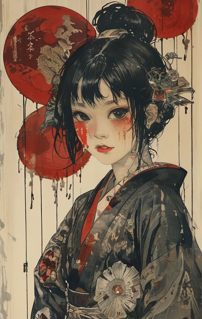 Japanese line drawing    , A samurai( Tied to a wooden steak、There are many arrows stuck in it,:1.2) The skeletal structure of the lower body cannot be seen , Torn rag, Rope and bloody ground, Black sky and big moon , Floral Damask Background ,  Takato Yamamoto style    , a female character with bloodied teeth with words over her face and in the background, 1girl, 独奏, jewelry, black hair, tongue out, tongue, piercinga woman with blood dripping down her face and hair standing on a red background, 1girl, 独奏, jewelry, black hair, tongue out, tongue, piercingan image of black and red art depicting an anime looking woman in a black top, 1girl, 独奏, jewelry, black hair, tongue out, tongue, piercing