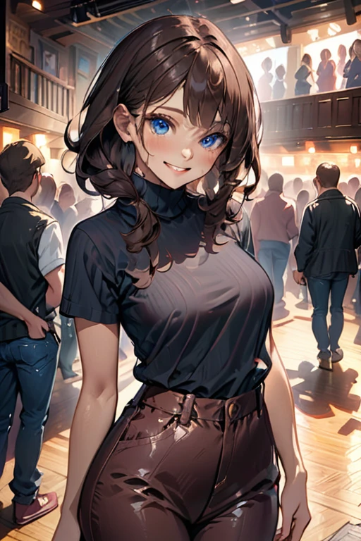 college woman; Strikingly attractive; Long, dark brown hair; blue eyes; Slender figure; smiling; standing in front of a crowded theater; best quality; soft blur background; trending on artstation; complex volumetric lighting; strong shadows; artistic lighting; dynamic; energetic vibe; realistic skin; specular highlights; micro-textures; highly detailed hair; contour drawing; wearing form-fitting modern stylish casual clothing