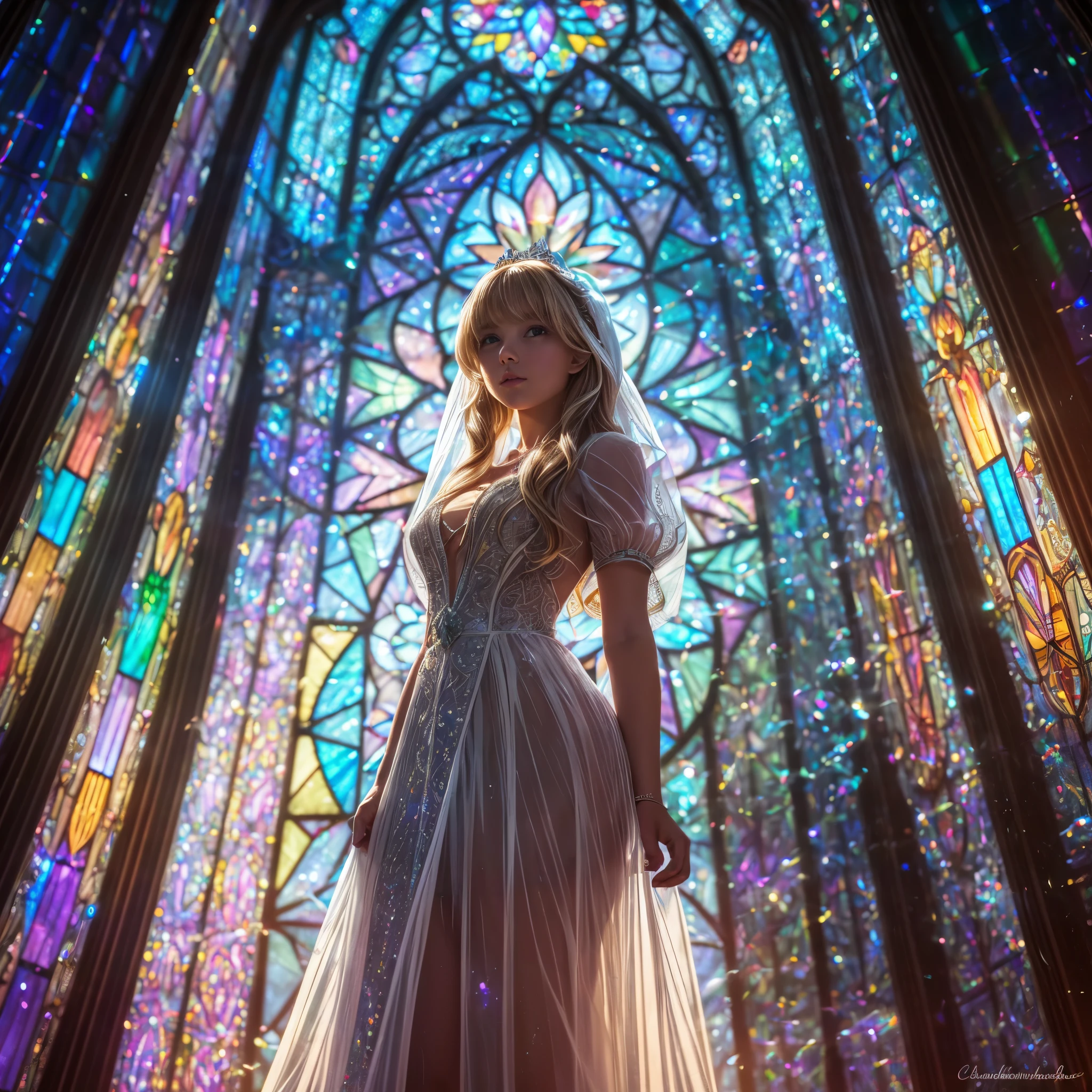 (Cathedral from below:1.28) (ZoomLayer) TopQuality 8K masterpiece of ((Professional photo)), (((Clarisse de Cagliostro))) (Detailed White WeddingDresses), Chain, (((Extremely detailed KAWAII face))) {((VeiledFace))|BlondeHair|(Elaborate BuleEyes)with(SparklingHighlights:1.28)}, The background is distant (((Elaborate stained glass))) Rainbow Glass, {(MysticSight)|EnchantingAtmosphere|Haze|(GodRays)|TyndallEffect}, Radiant PearlSkin with Transparency, (Exposed:0.39)