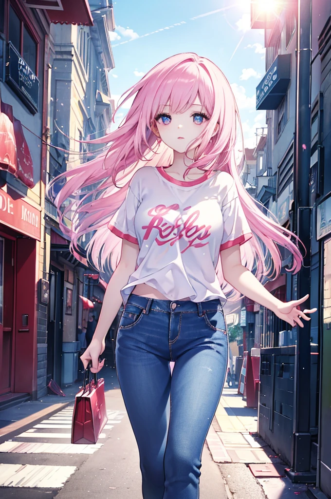 A vision flow of a beautiful woman walking down a street, her pink t-shirt and faded blue jeans illuminated by the sun, a red car passing in the background, and a world of shimmering light.
