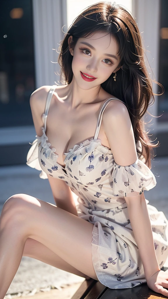 flower_dress, ((Visible cleavage)), ((Full breasts)), ((The skirt is short)), ((Sexy legs)), ((whole body)), Practical, Fashion Girl, Red lips, Mature women, Exquisite makeup, big eyes, beautiful, (best quality, masterpiece:1.2), Extremely detailed, (Practical:1.37), ((Random Scenes, Random shooting angle)), ((Sexy long legs)), Young and energetic, Charming model, (Exquisite eyes, Delicate lips), Show a bright smile, Create stunning girl images, warm color, Extremely saturated colors, Official Art, Extremely detailed的 CG, Unity 8K wallpaper, (High Dynamic Range :1.4), (Movie atmosphere),(Soft colors), (Natural skin texture, ultra-Practical, Soft Light, sharp),(Very detailed), night, moonlight