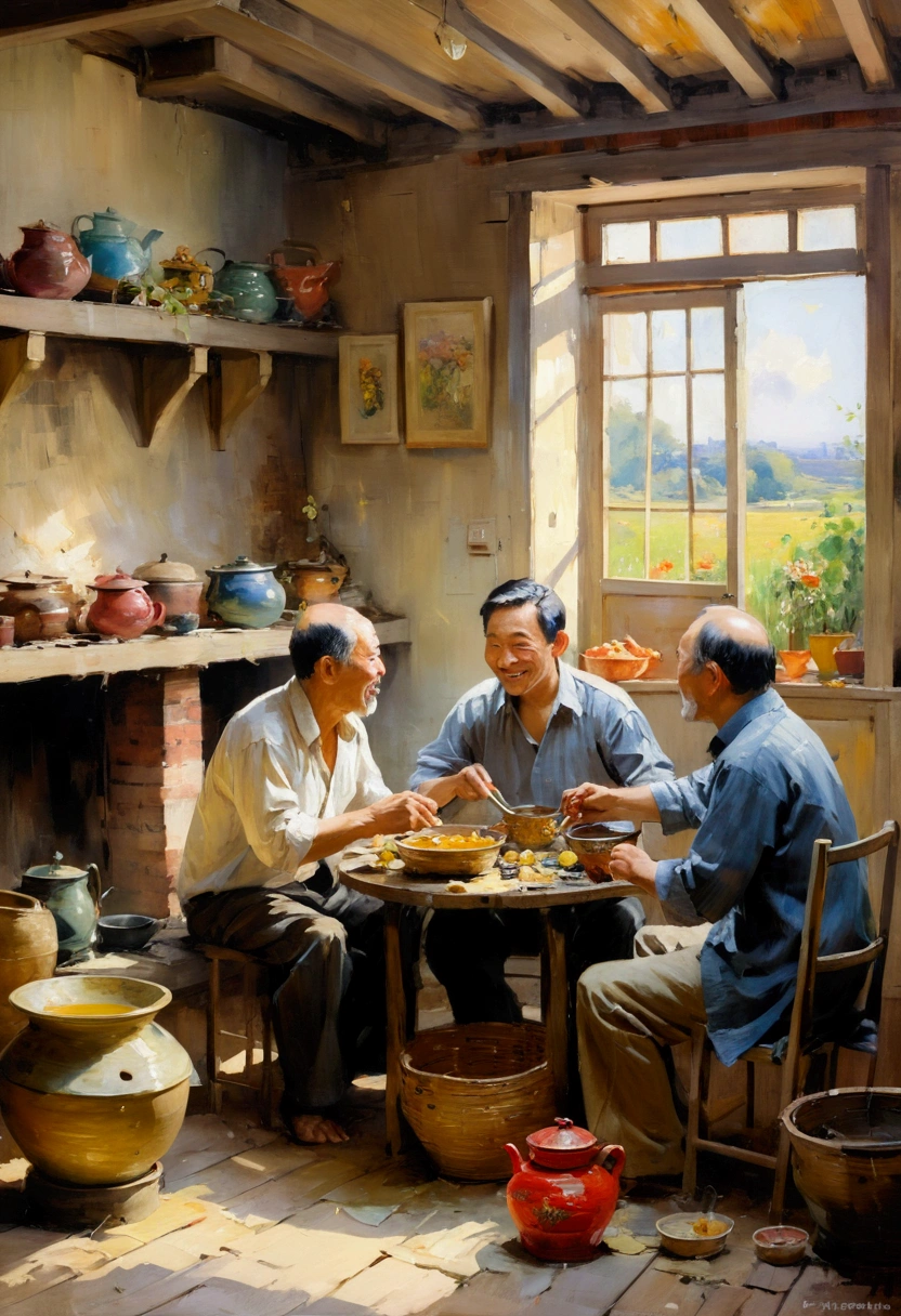 (in 8K、top-quality、​masterpiece:1.2)Impressionist oil painting depicting a Vietnamese family of ((3 middle-aged men)) sitting around an old round table in a (shabby house :1.3) ,  eating and laughing happily, on the wall of the shabby house hang a few pots, baskets, a kettle of boiling water on a wood stove, the central scene, side lights, colorful oil painting style, thick brush strokes, vivid textured palette, makoto shinkai, Saint-Simeon palette of Michael Garmash, Paul Hedley, Edouard Manet, Claude Monet imbue the composition with soft and attractive colors, impressionist expression