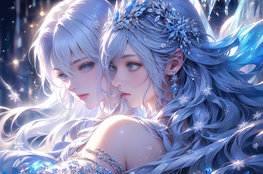 ((long shot)).wood, Exquisite mini ice spikes and crystals, Frozen waterfall in the background, Light reflected by ice crystals, Flowing snowflakes.1 girl, Beautiful woman、pretty girl,A realistic person,Beautiful cleavage,Dramatic composition