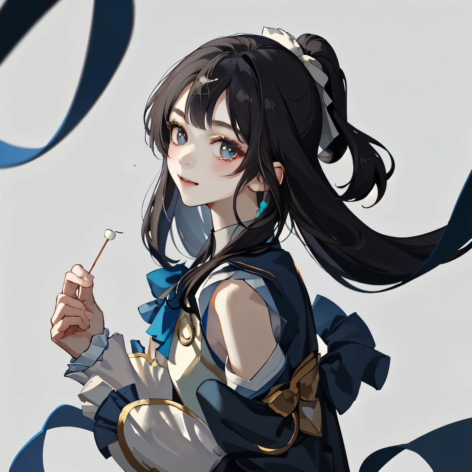 Cheerleading长,Little Smile,Cheerleading,Cheerleading长 uniform, (((masterpiece))), (((best quality))), ((Extremely detailed)), (illustration), ((Extremely delicate and beautiful)),(Bokeh,Blurred background),(Best shadow), 1 Girl,White, Black Hair, Long hair, Kawaii,Lovely,Change, Make the highlights on the eyes sparkle, character focus,Head tilt,