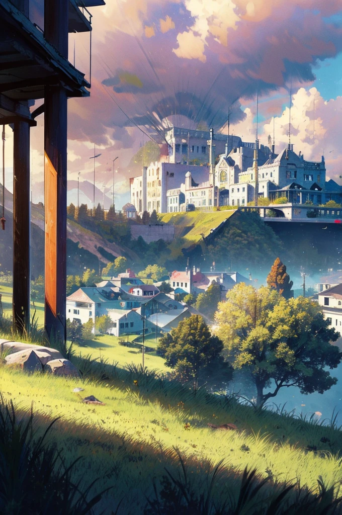 summer aesthetic portrait, warm tone colors, sunlight, bright sky, lots of trees, city area view , cozy vibe, stunning view, outside aerial view, detailed background, detailed objects, detailed scenery, focus on scenery, 4k resolution, anime  style pastel colors mix, super detailed anime illustration, intricately detailed textures, detailed pixels, complex details, hyper detailed anime style, detailed sky, detailed background, masterpiece, cell shaded, clear image, clear details, 