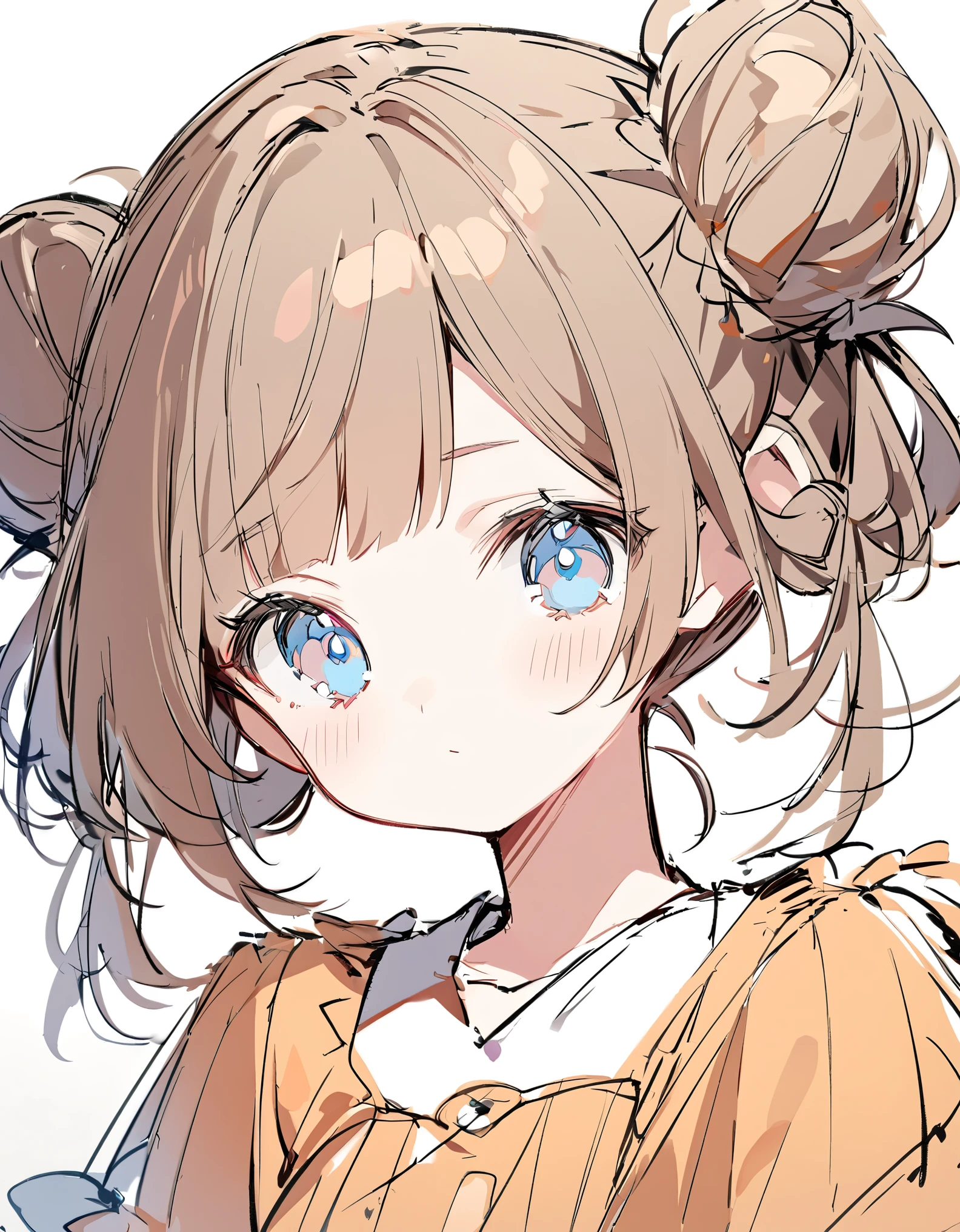 (sketch), (close), (Small body), (Pink Cheeks), (Light orange dress) ,Brown Hair, (Twin bun hairstyle:1.4), (Light blue eyes), (Big Hair) , (fringe), (More about Strand), (White Background),