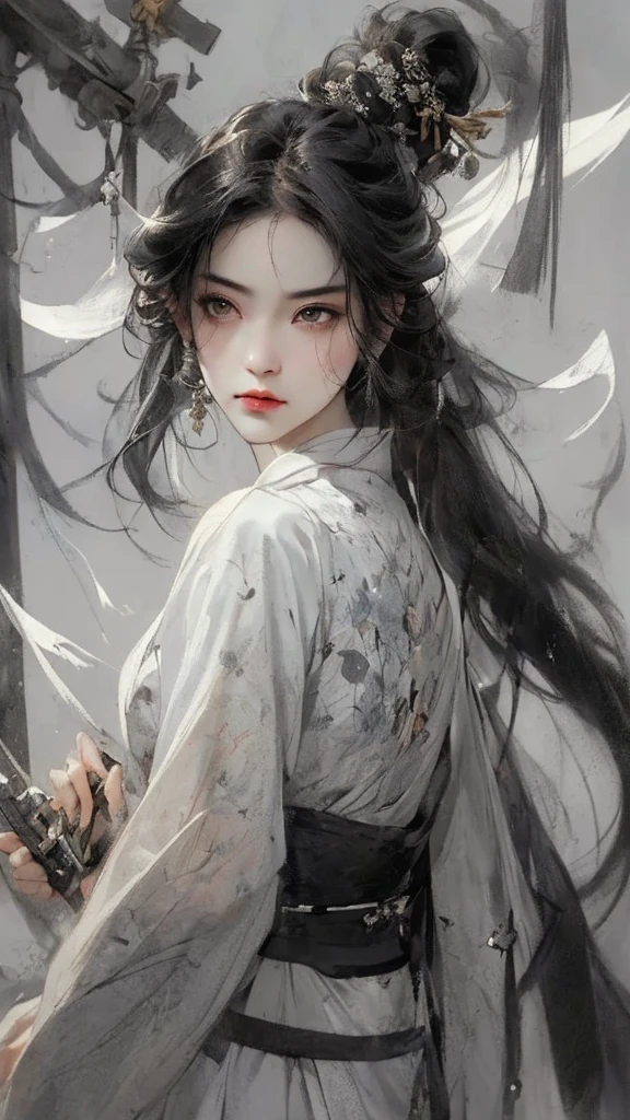 A bust of a woman with black hair and black eyes, a woman, a serious expression, holding a weapon, attack action, dynamic composition, bowed head, Hanfu, white clothes, cold eyes, loose hair, (ink smudge) beautiful character painting, clothing black and white ink style, face delicate color, watercolor, light color, martial arts style, national style, delicate and beautiful face, waist seal, sharp eyes
