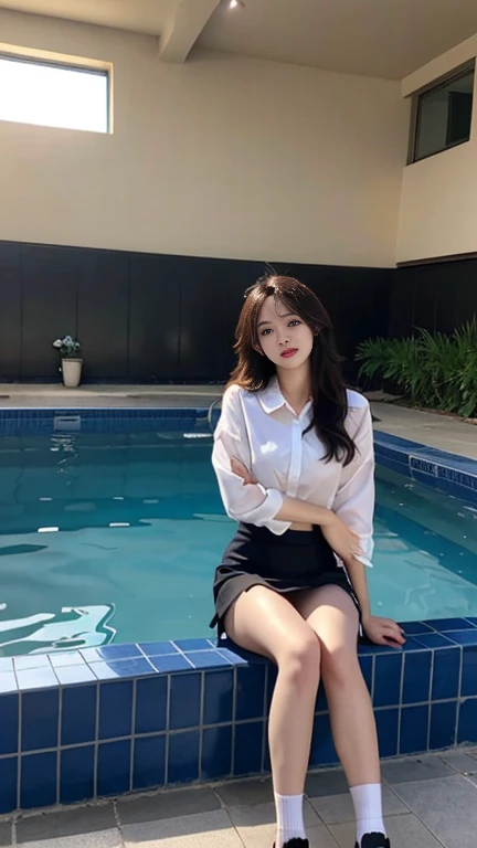 1 Girl,swimming pool,Soft Light,Chinese Beauty,Suit skirt,Black socks,Long hair