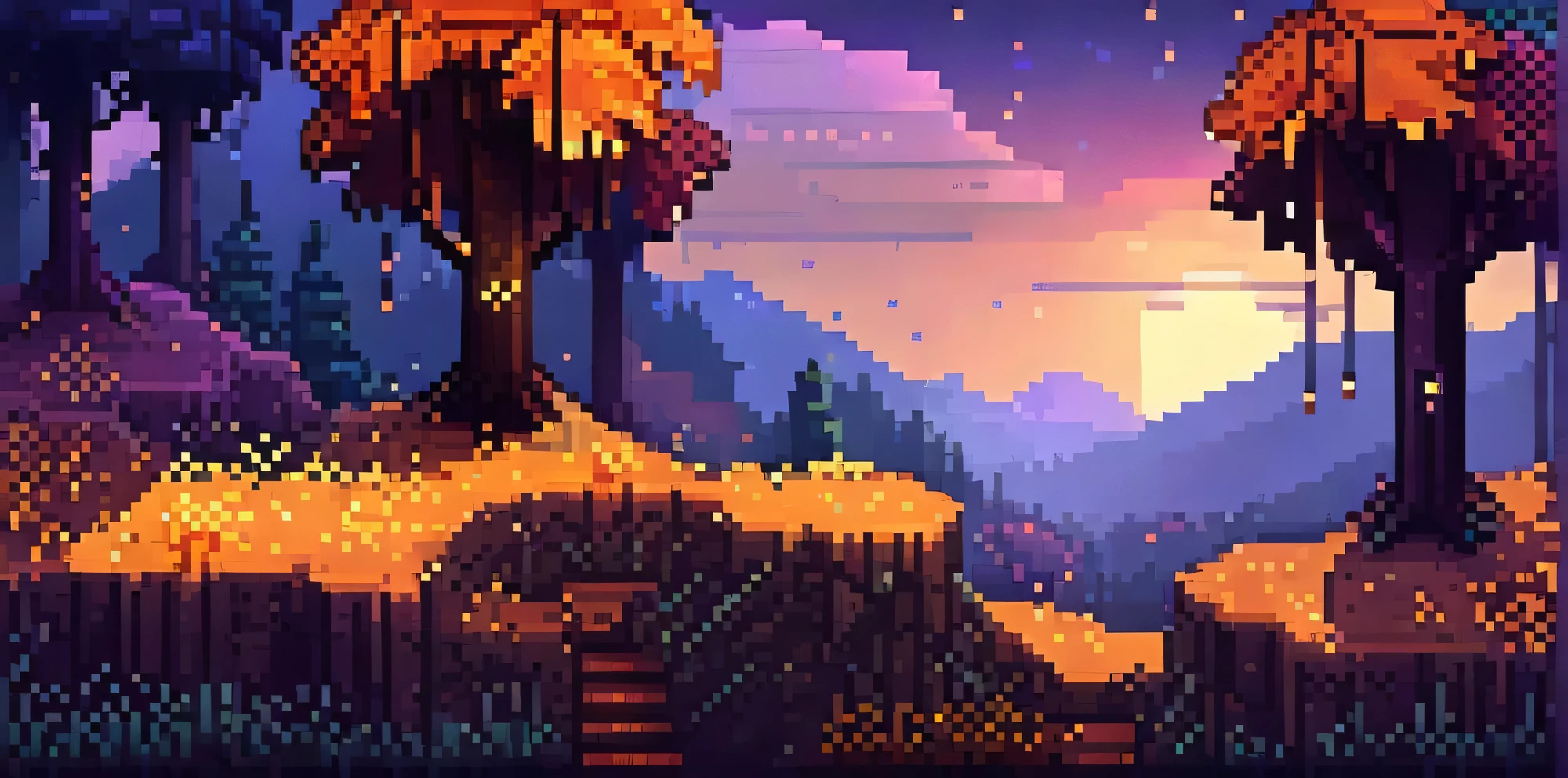mountains, big orange trees, forest, autumn, evening, twilight, sunset, fireflies flying in the air, epic, mystical, pixel style like minecraft and stardew valley