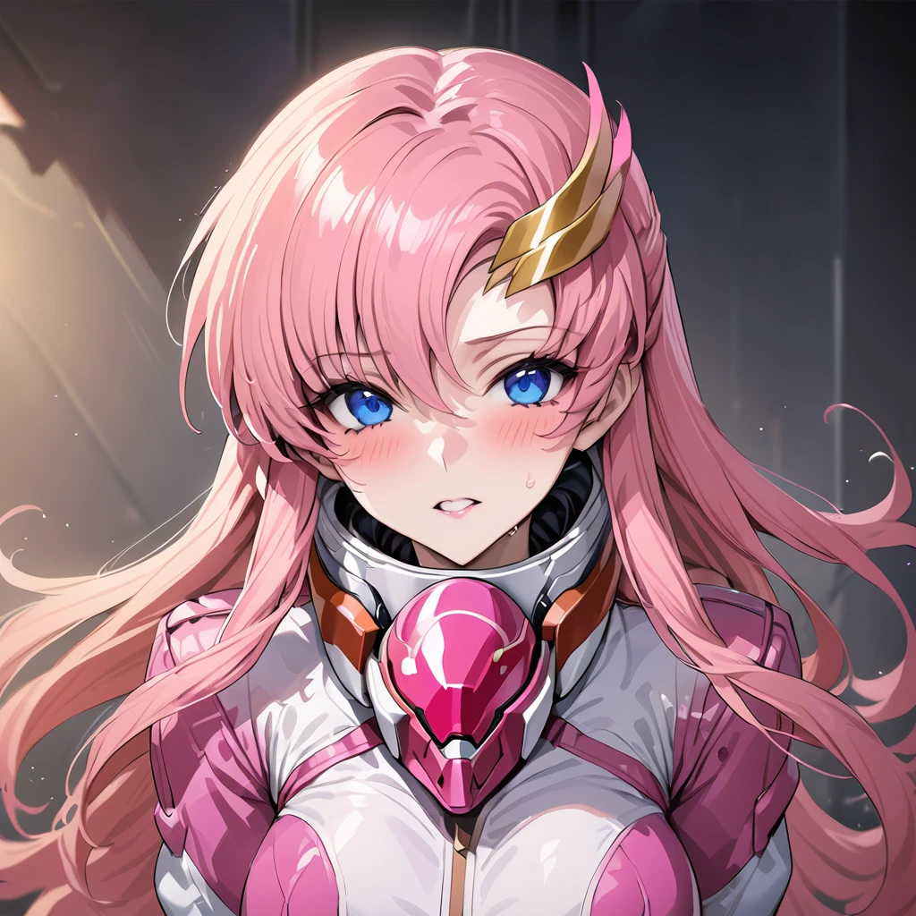 ((Highest quality)), ((masterpiece)), (detailed), (Perfect Face)、Gundam SEED、The woman is Lacus Clyne, with blue eyes, pink medium-long hair and a hair accessory.、The woman is a female officer of the Earth Federation Army, wearing an Earth Federation Army pilot suit and a full-face pilot helmet.