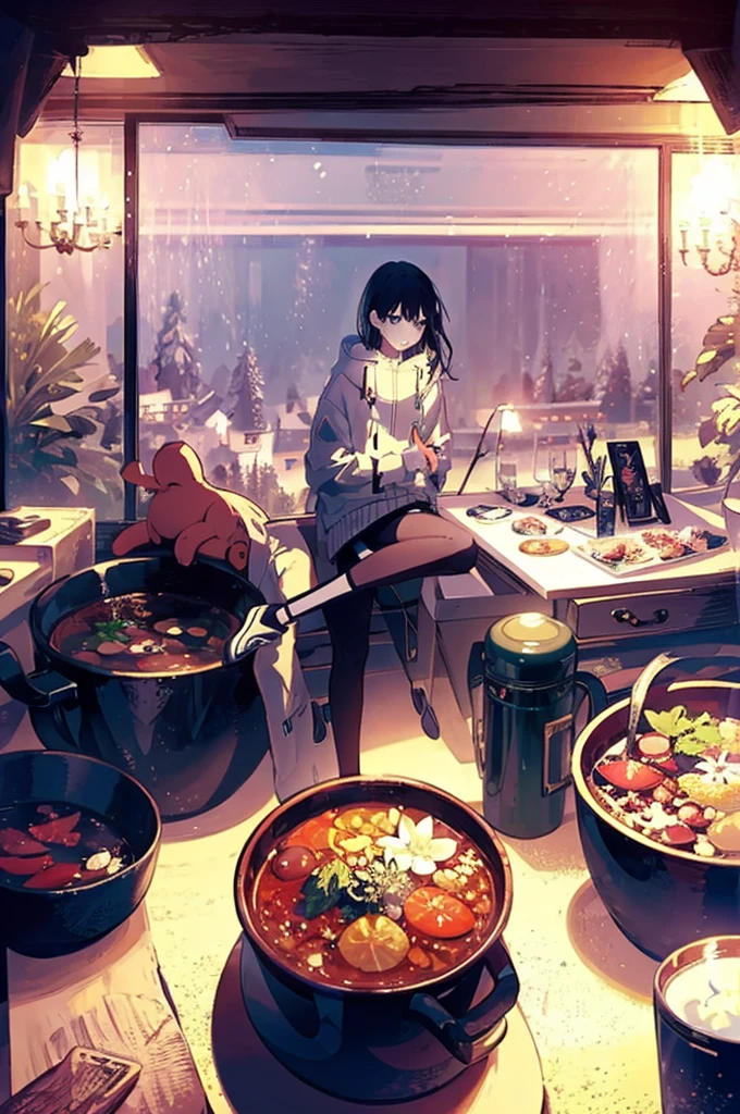 winter aesthetic portrait, cozy vibe, stunning view, outside aerial view, detailed background, detailed objects, detailed scenery, focus on scenery, 4k resolution, anime  style pastel colors mix, super detailed anime illustration, cool tone colors, winter season, cold, cool, 
