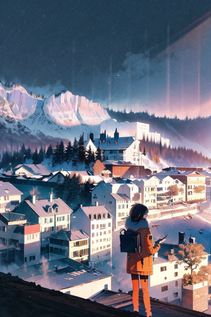 winter aesthetic portrait, cozy vibe, stunning view, outside aerial view, detailed background, detailed objects, detailed scenery, focus on scenery, 4k resolution, anime style pastel colors mix, super detailed anime illustration, cool tone colors, winter season, cold, cool,
