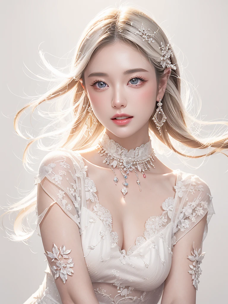 White Background、Professional Lighting、(((Professional Lighting 1.5)))、Translucent skin texture、Beautiful Skin、Beautiful Skin、、(((Whitening 1.5)))、White dress、See through、、Ecstasy of Musical Notes、((White dress1.5))、See through1.5、Bust up photo、Simple earrings and necklace、Fluttering Hair、Blonde Hair、Glowing Skin、