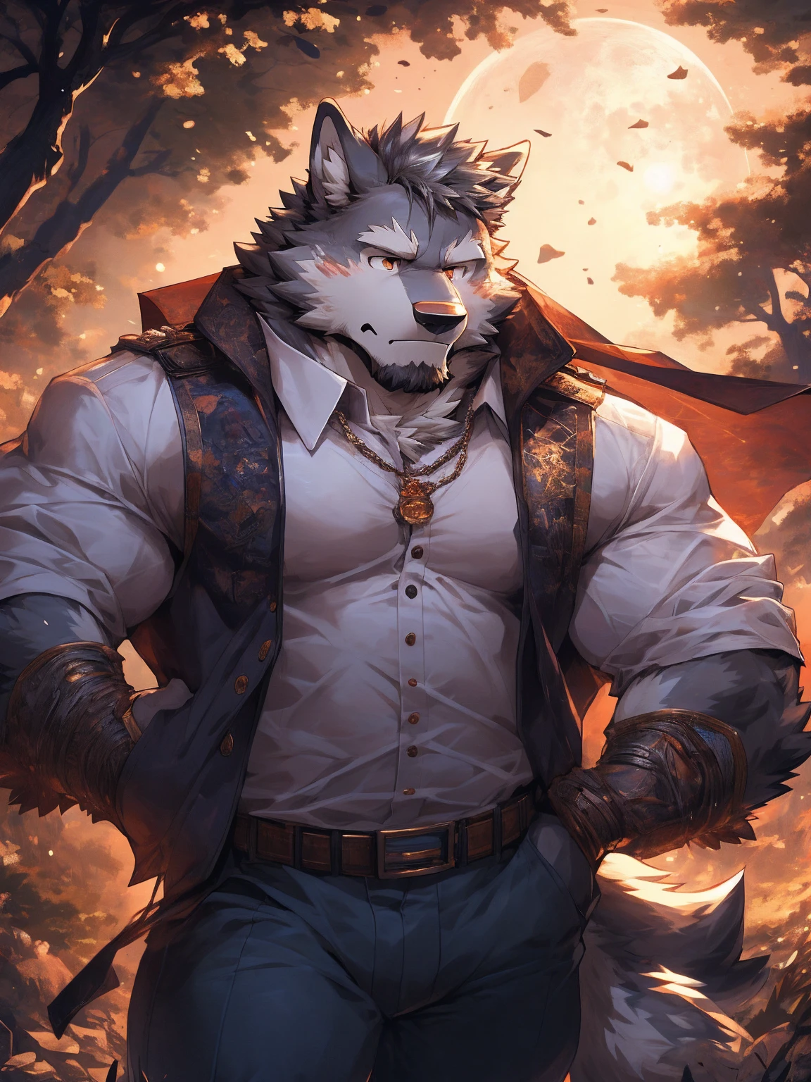 human nature, Wildlife, male,36 years old，Uncle， solitary, ((Round Face, The face is plump,Orange eyes,Thick grey hair，Little furry ears，Fluffy tail)), ((Endomorph, Handsome的，)), （officer，White military uniform，White shirt), ((domestic gray wolf, Wolf Orc，) Fluffy fur, Fluffy), Bokeh, (high quality, high resolution, masterpiece), (Dynamic Lighting, Vibrant colors，Natural fill light), (Revitalize，Handsome，tired), Full body picture (close up), cartoon, author：Takemoto Arashi, From zixiong, By Chunni, author：Empty Ghost，moonlight，Reading newspaper quietly at night，符合中年Uncle的房间，Sit under a big tree，明亮的moonlight，Quiet wilderness at night，Nostalgia for the past（background：A big tree in a city park，There are some bushes and rocks）