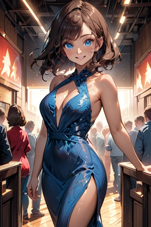 college woman; Strikingly attractive; Long, dark brown hair; blue eyes; Slender figure; smiling; standing in front of a crowded theater; best quality; soft blur background; trending on artstation; complex volumetric lighting; strong shadows; artistic lighting; dynamic; energetic vibe; realistic skin; specular highlights; micro-textures; highly detailed hair; contour drawing; wearing form-fitting modern stylish evening gown