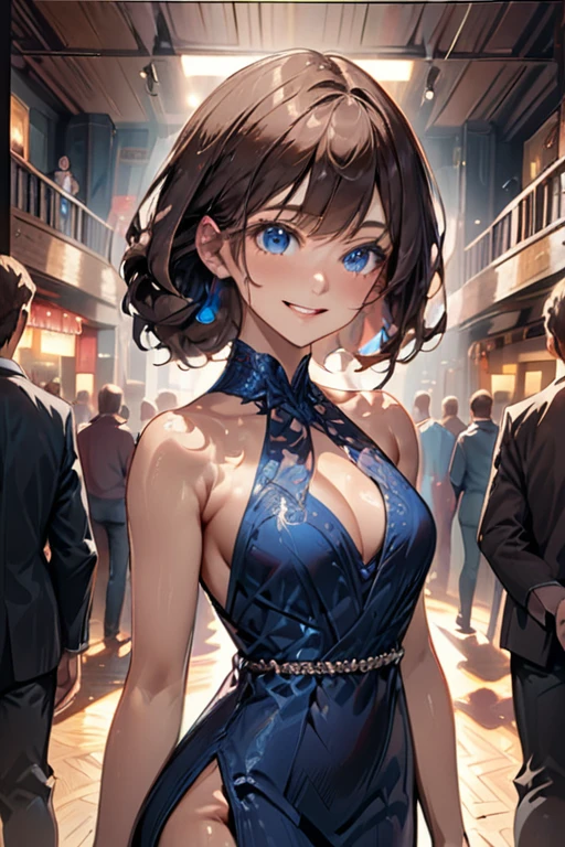 college woman; Strikingly attractive; Long, dark brown hair; blue eyes; Slender figure; smiling; standing in front of a crowded theater; best quality; soft blur background; trending on artstation; complex volumetric lighting; strong shadows; artistic lighting; dynamic; energetic vibe; realistic skin; specular highlights; micro-textures; highly detailed hair; contour drawing; wearing form-fitting modern stylish evening gown