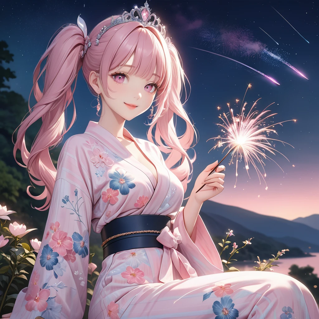 (8K, masutepiece, Best Quality, Official art, Breathtaking beauty and aesthetics, A highly Beautiful detailed, beautiful lighting, The best masterpiece in history that exceeds limits:1.2), (1 Girl, solo), (16 years old), (Beautiful detailed face), (shiny white skin), (Beautiful big bust, cleavage:1.3), (thighs,), (Beautiful detailed pastel pink twin tails hair, bangs:1.3), (beautiful detailed drooping pink eyes:1.5), BREAK, (Beautiful detailed pastel pink cute Yukata, Flower pattern, black obi:1.3), (Beautiful Luxurious Diamonds Tiara), (happy smile), (Attractive, Look at the camera, cute pose, siting), breathtaking scenery, (ultra detailed realistic beautiful night sky, shooting stars, Japanese sparklers, Gorgeous firework:1.2)